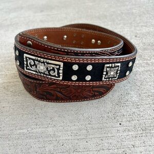 Nocona Western Leather Belt Size 38 Brown Tooled Floral Black HairOn Studded 44”